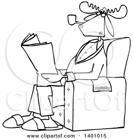 Clipart of a Cartoon Black and White Lineart Moose Smoking a Pipe and Reading a Newspaper in a Chair - Royalty Free Vector Illustration by djart