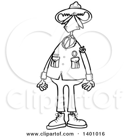 Clipart of a Cartoon Black and White Lineart Moose Ranger in Uniform, Standing Upright - Royalty Free Vector Illustration by djart