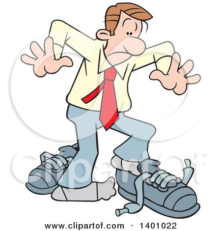 Clipart of a Cartoon Caucasian Business Man with Big Shoes to Fill - Royalty Free Vector Illustration by Johnny Sajem