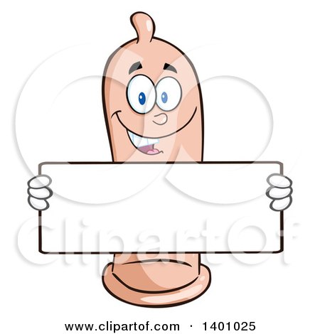 Clipart of a Cartoon Happy Condom Mascot Character Holding a Blank Sign - Royalty Free Vector Illustration by Hit Toon