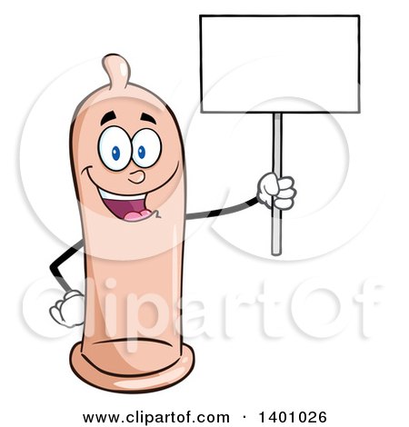 Clipart of a Cartoon Happy Condom Mascot Character Holding up a Blank Sign - Royalty Free Vector Illustration by Hit Toon