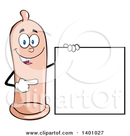 Clipart of a Cartoon Happy Condom Mascot Character Pointing to a Blank Sign - Royalty Free Vector Illustration by Hit Toon