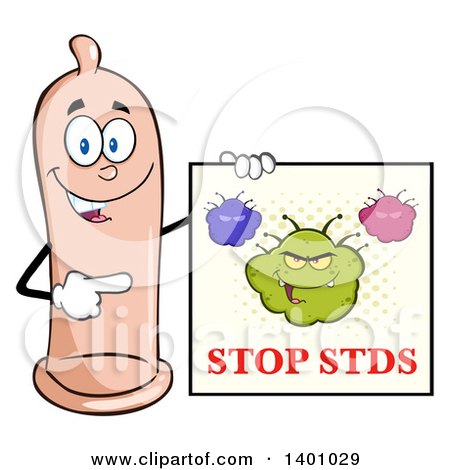 Clipart of a Cartoon Happy Condom Mascot Character Holding a Stop Stds Sign - Royalty Free Vector Illustration by Hit Toon