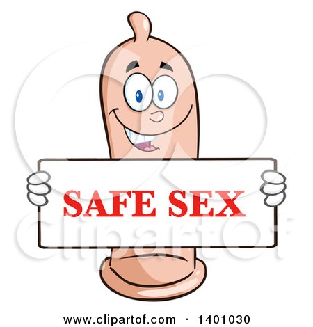 Clipart of a Cartoon Happy Condom Mascot Character Holding a Safe Sex Sign - Royalty Free Vector Illustration by Hit Toon