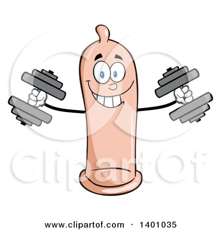 Clipart of a Cartoon Happy Condom Mascot Character Working out with Dumbbells - Royalty Free Vector Illustration by Hit Toon