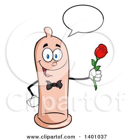 Clipart of a Cartoon Romantic Condom Mascot Character Talking and Holding a Rose - Royalty Free Vector Illustration by Hit Toon
