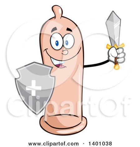 Clipart of a Cartoon Happy Condom Mascot Character Holding a Shield and Sword - Royalty Free Vector Illustration by Hit Toon