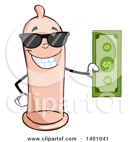 Clipart of a Cartoon Happy Condom Mascot Character Wearing Sunglasses and Holding Cash Money - Royalty Free Vector Illustration by Hit Toon