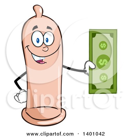 Clipart of a Cartoon Happy Condom Mascot Character Holding Cash Money - Royalty Free Vector Illustration by Hit Toon