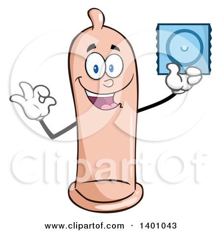 Clipart of a Cartoon Happy Condom Mascot Character Holding up a Pack - Royalty Free Vector Illustration by Hit Toon
