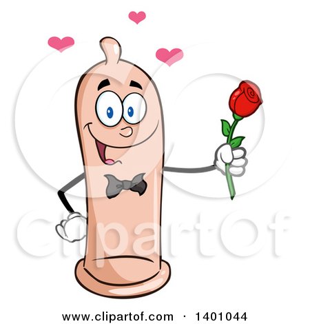Clipart of a Cartoon Romantic Condom Mascot Character Holding a Rose - Royalty Free Vector Illustration by Hit Toon