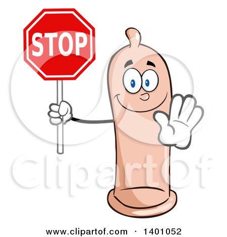 Clipart of a Cartoon Happy Condom Mascot Character Holding a Stop Sign - Royalty Free Vector Illustration by Hit Toon