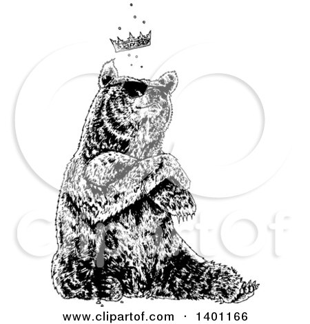 Clipart of a Black and White Cool Bear Sitting with a Crown - Royalty Free Vector Illustration by lineartestpilot