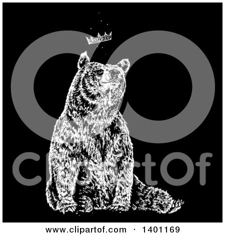Clipart of a Black and White Bear Sitting with a Crown - Royalty Free Vector Illustration by lineartestpilot