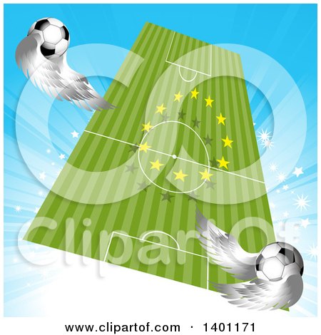 Clipart of a Floating Soccer Pitch with a Ring of European Stars and Flying Winged Balls - Royalty Free Vector Illustration by elaineitalia