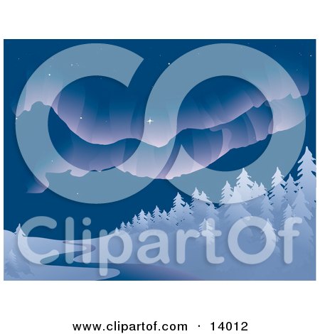 Beautiful Northern Lights Or Aurora Borealis In The Night Sky Over A Stream And Snow Flocked Forest In The Winter Clipart Illustration by Rasmussen Images