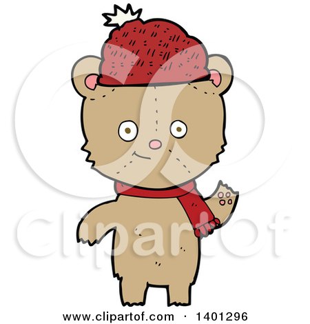 Clipart of a Cartoon Brown Teddy Bear Wearing a Winter Hat and Scarf - Royalty Free Vector Illustration by lineartestpilot
