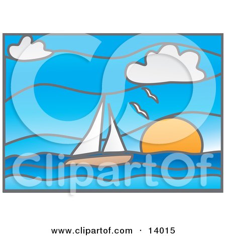 Stained Glass Window of Seagulls Flying Over a Sailboat on the Ocean at Sunset Clipart Illustration by Rasmussen Images