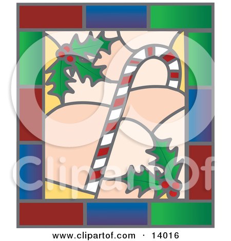 Christmas Stained Glass Window Of A Candy Cane And Holly Clipart Illustration by Rasmussen Images