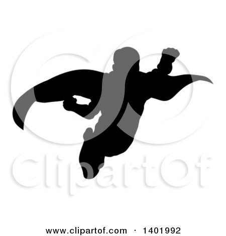 Clipart of a Black Silhouetted Male Super Hero Flying - Royalty Free Vector Illustration by AtStockIllustration