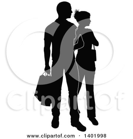 Clipart of a Silhouetted Black and White Couple Shopping and Carrying Bags - Royalty Free Vector Illustration by AtStockIllustration