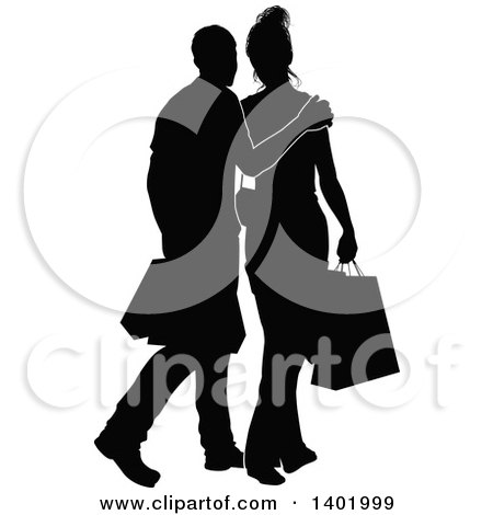 Clipart of a Silhouetted Black and White Couple Shopping and Carrying Bags - Royalty Free Vector Illustration by AtStockIllustration