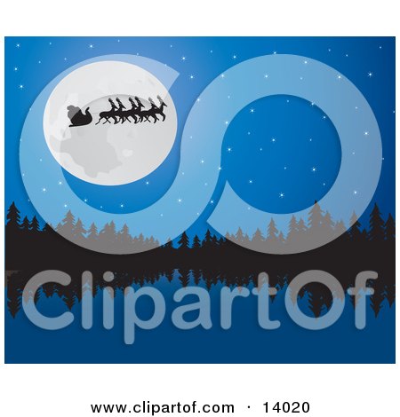Santa, His Sleigh and Reindeer in Silhouette While Passing in Front of a Full Moon Over a Still Lake and Forest on the Night Before Christmas Clipart Illustration by Rasmussen Images
