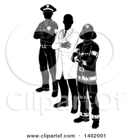 Clipart of a Faceless Black and White Male Doctor, Police Man and Fire Fighter Standing with Folded Arms - Royalty Free Vector Illustration by AtStockIllustration