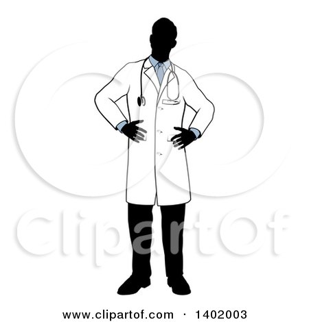 Clipart of a Faceless Silhouetted Male Doctor Wearing a Lab Coat, Standing with Hands on His Hips - Royalty Free Vector Illustration by AtStockIllustration