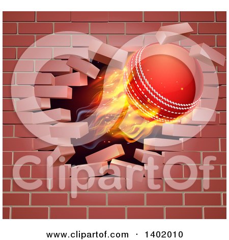 Clipart of a 3d Flying and Blazing Cricket Ball Breaking Through a Brick Wall - Royalty Free Vector Illustration by AtStockIllustration