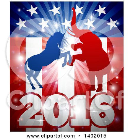 Clipart of a Silhouetted Political Aggressive Democratic Donkey or Horse and Republican Elephant Fighting over a 2016 American Flag and Burst - Royalty Free Vector Illustration by AtStockIllustration