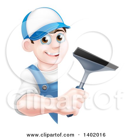 Clipart of a Happy Young Brunette Caucasian Window Cleaner Man in Blue, Holding a Squeegee Around a Sign - Royalty Free Vector Illustration by AtStockIllustration