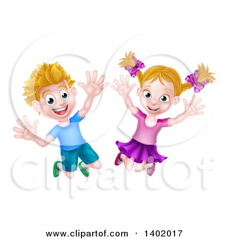 Clipart of a Cartoon Happy Excited Blond Caucasian Boy and Girl Jumping - Royalty Free Vector Illustration by AtStockIllustration