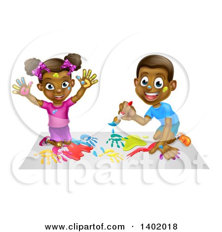 Clipart of a Cartoon Happy Black Girl and Boy Kneeling and Painting Artwork - Royalty Free Vector Illustration by AtStockIllustration
