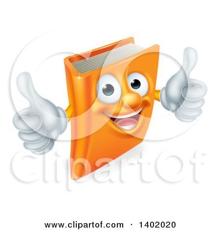 Clipart of a Happy Orange Book Character Smiling and Holding Two Thumbs up - Royalty Free Vector Illustration by AtStockIllustration