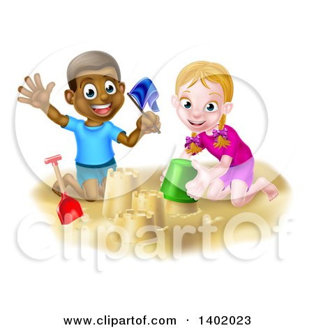Clipart of a Happy White Girl and Black Boy Playing and Making a Sand Castle - Royalty Free Vector Illustration by AtStockIllustration