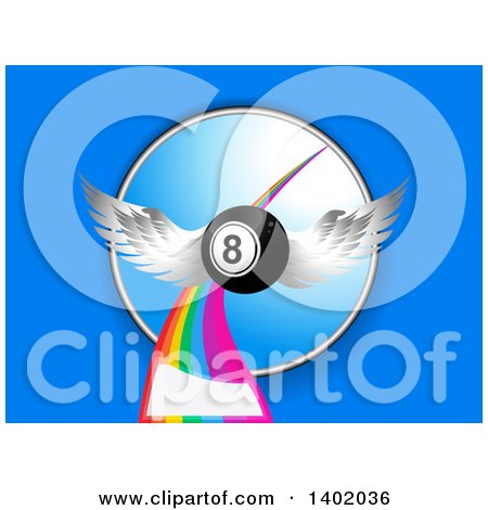 Clipart of a 3d Winged Eight Ball Flying over a Rainbow and Circle on Blue, with Text Space - Royalty Free Vector Illustration by elaineitalia