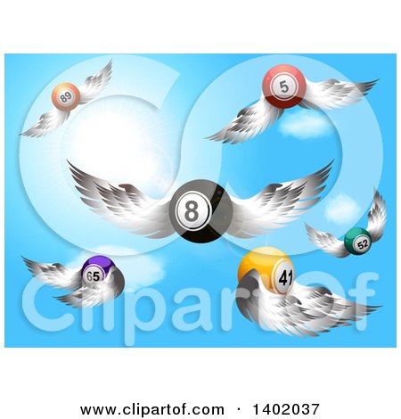 Clipart of 3d Flying Winged Bingo Balls and an Eight Ball Against a Blue Sky - Royalty Free Vector Illustration by elaineitalia