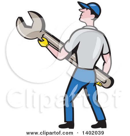 Clipart of a Retro Cartoon White Handy Man or Mechanic Holding a Spanner Wrench - Royalty Free Vector Illustration by patrimonio