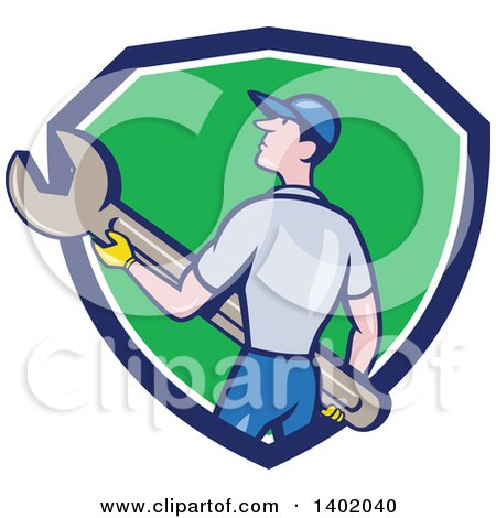 Clipart of a Retro Cartoon White Handy Man or Mechanic Holding a Spanner Wrench in a Blue White and Green Shield - Royalty Free Vector Illustration by patrimonio