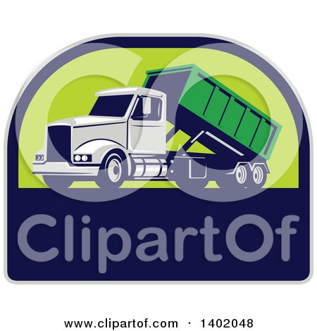 Clipart of a Retro Roll off Bin Dump Truck in a Half Circle - Royalty Free Vector Illustration by patrimonio