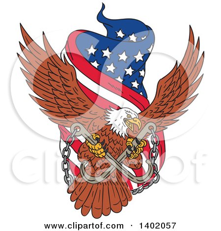 Clipart of a Sketched Bald Eagle Flying with a Towing J Hook and an American Flag Banner - Royalty Free Vector Illustration by patrimonio