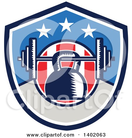 Clipart of a Retro Woodcut Kettlebell Hanging on a Barbell in an American Shield - Royalty Free Vector Illustration by patrimonio