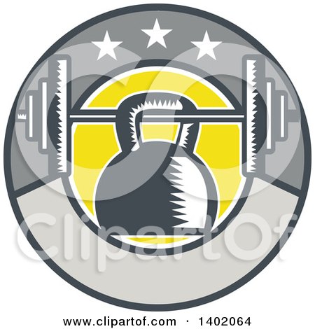 Clipart of a Retro Woodcut Kettlebell Hanging on a Barbell in a Circle with Stars - Royalty Free Vector Illustration by patrimonio