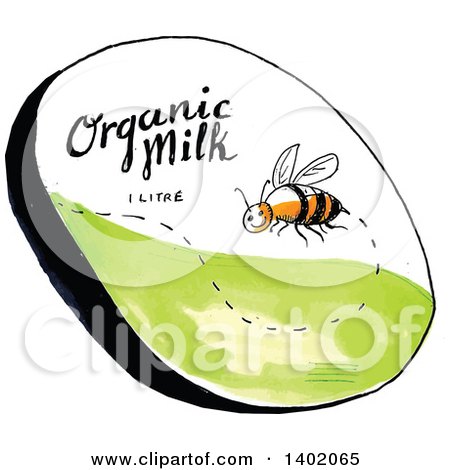 Clipart of a Sketched Happy Bee Flying with Organic Milk 1 Litre Text - Royalty Free Vector Illustration by patrimonio