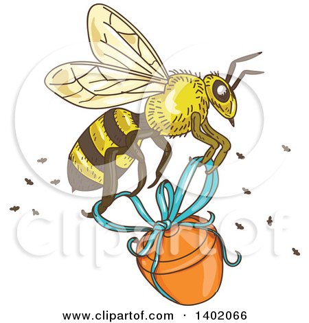 Clipart of a Sketched Worker Bee Flying with a Honey Jar - Royalty Free Vector Illustration by patrimonio