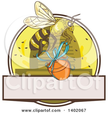 Clipart of a Sketched Worker Bee Flying with a Honey Jar over a Circle with a Hive and Text Space - Royalty Free Vector Illustration by patrimonio
