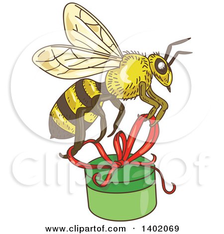 Clipart of a Sketched Worker Bee Flying with a Round Gift Box - Royalty Free Vector Illustration by patrimonio