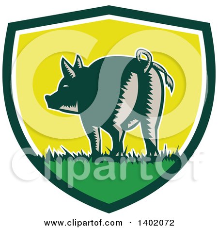 Clipart of a Retro Woodcut Rear View of a Pig with a Curly Tail in a Shield - Royalty Free Vector Illustration by patrimonio