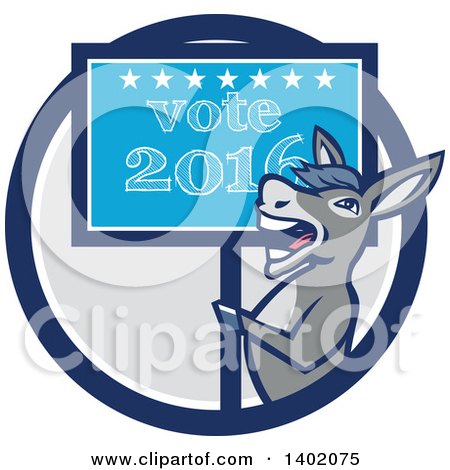 Clipart of a Retro Politician Democratic Donkey Holding a Vote 2016 Sign in a Blue White and Gray Circle - Royalty Free Vector Illustration by patrimonio